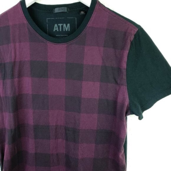 ATM Anthony Thomas Melillo Merlot & Black Plaid Crewneck T-Shirt size S Burgundy - Picture 5 of 13